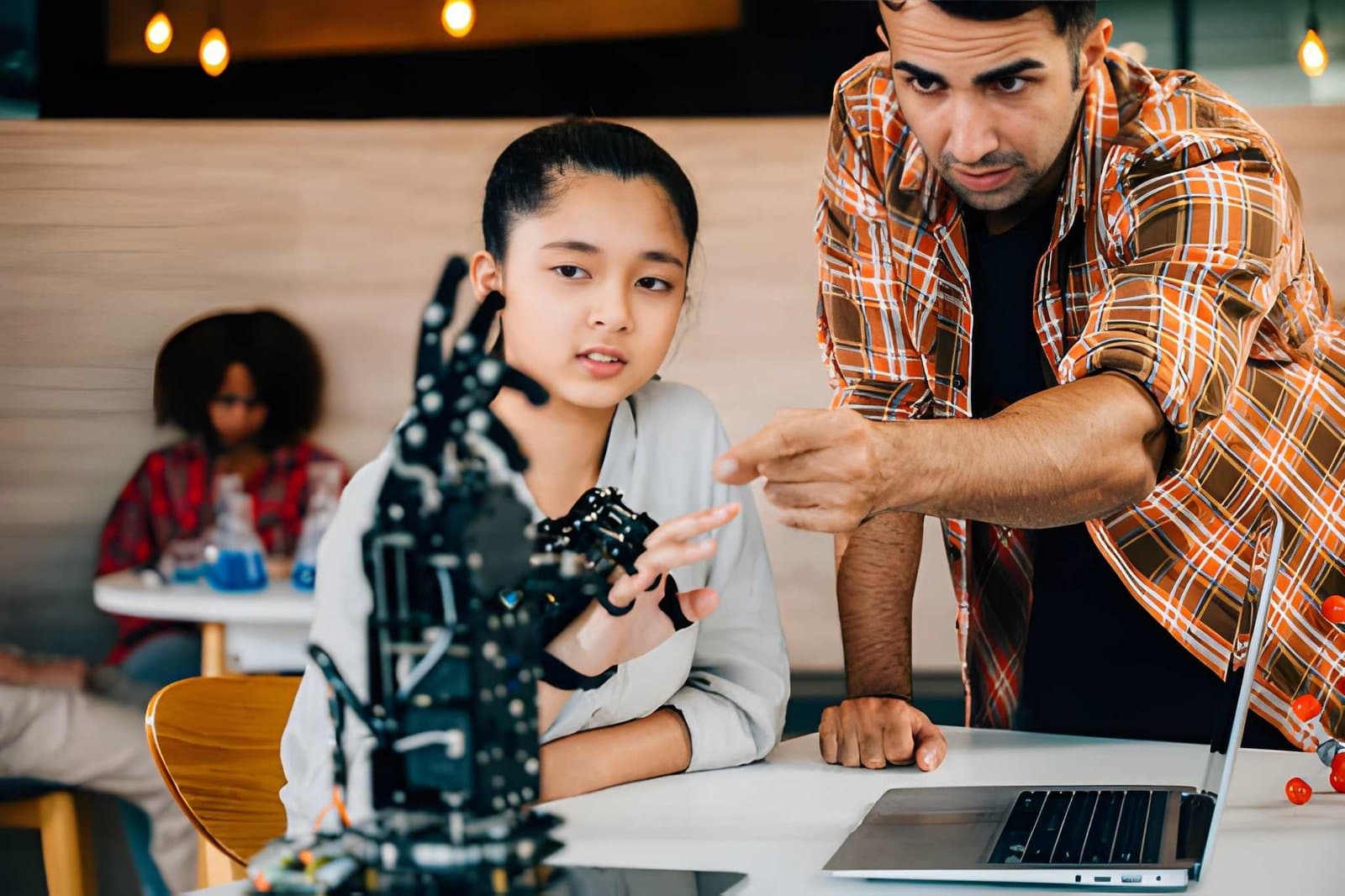 Students building robotics projects in classroom